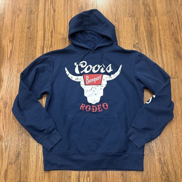 Coors Banquet Rodeo Hoodie Mens Small Sweatshirt Bull Horns Logo Blue Fleece - Picture 1 of 7